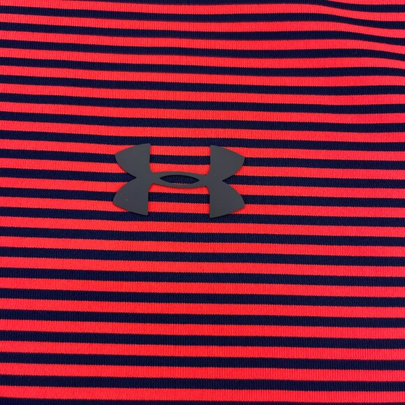 New Under ARMOUR Golf Shirt Men 2XL Neon Orange Navy Blue Stripes Heat Gear NWT - Picture 2 of 15